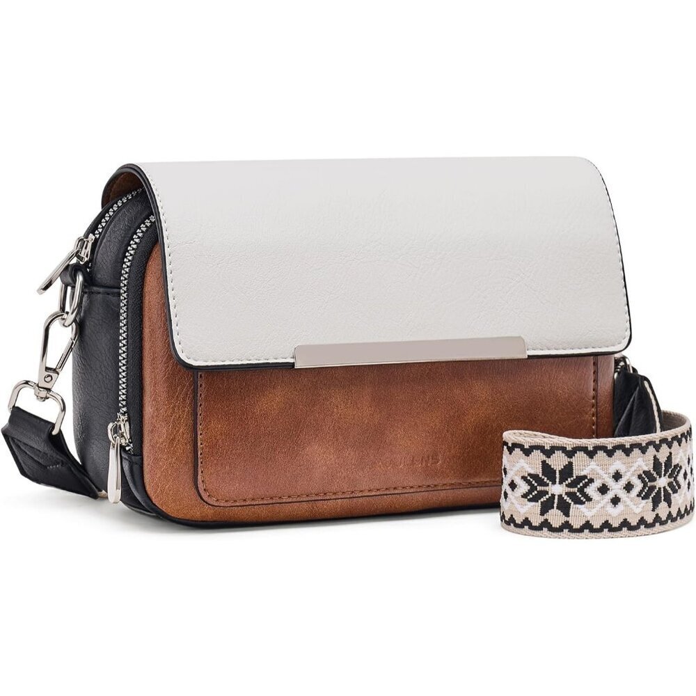 Women’s Black+white Leather Purse Imported Magnetic Snap Crossbody Zipper Bags